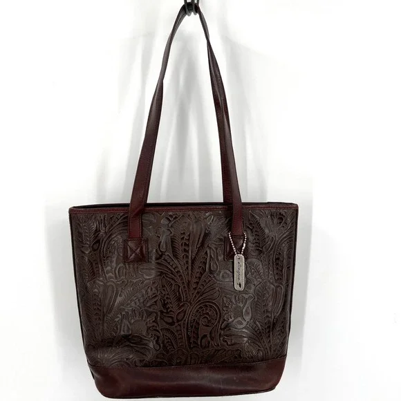 Ellington Tooled Leather Shoulder Bag Brown Floral Double Strap Western Cowgirl - Picture 3 of 8